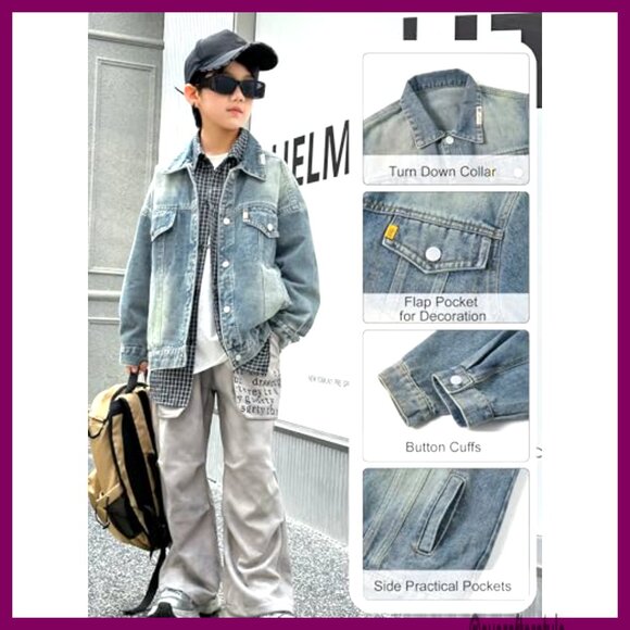 Boys Oversized Denim Jacket Soft Vintage Fit Trucker Style Layering - Picture 4 of 7